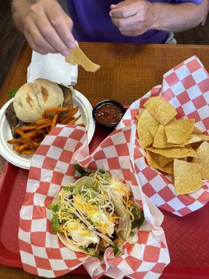 Chicharron Sandwich, vegetarian tacos, Chips and Salsa