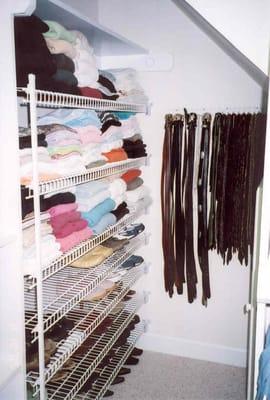 A perfectly organized closet, despite its awkward layout!