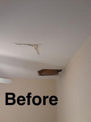 A water leak caused holes in the ceiling.