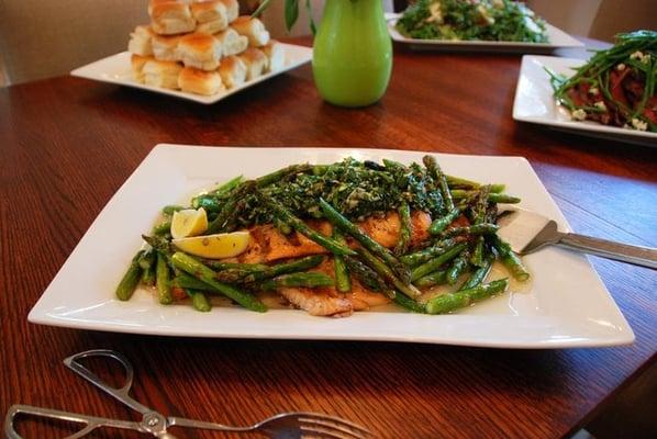 Grilled salmon with roasted asparagus and a tarragon salsa verde