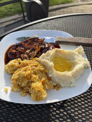 Bourbon chicken with garlic mashed potatoes and corn casserole