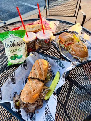 Firehouse Steak & Cheese (our favorite) & Jamaican Jerk Turkey (not bad, lightly sweet but surprisingly good), Garlic Bread (so good)