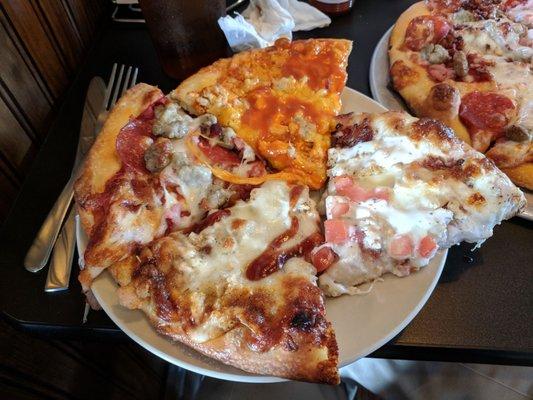 Sharing 10" Pizzas: BBQ Chicken, Meat Lovers, Buffalo Chicken, and Chicken Bacon Ranch