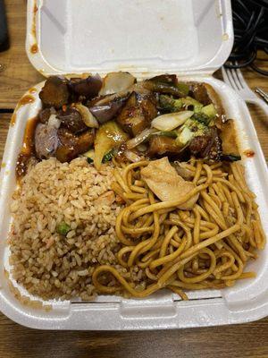 8. Szechuan Eggplant with 1. Pork Fried Rice and 2. Chicken Chow Mein