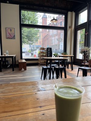 Matcha latte, photo of interior of the restaurant