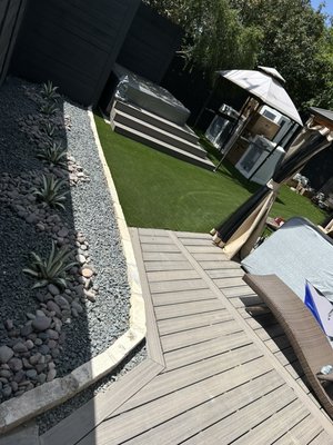 New Landscape install with synthetic turf, stone, and Trex deck to level ground