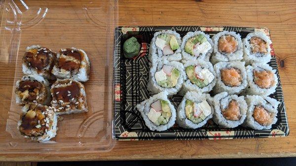 Sushi Lunch Special - 3 rolls : Left to right: Sweet potato roll, Hollywood roll, salmon roll