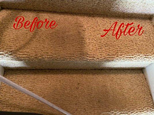 Quality clean work after a finished job! Clean carpet on top right step dirty on top left step