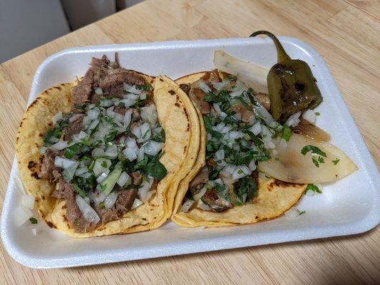 Lengua taco and tripas taco