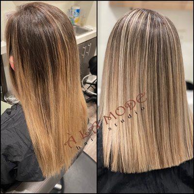 Before & After blonde balayage highlight haircut & style