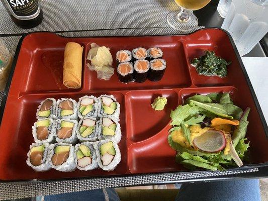 Maki Bento Lunch with a Salmon Roll, Salmon Avocado Roll, and California Roll