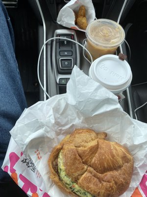 Turkey Sausage with veggie egg and Cheese on a Croissant with hash browns. Coffee cold brew light and sweet and half-caffeine hot coffee