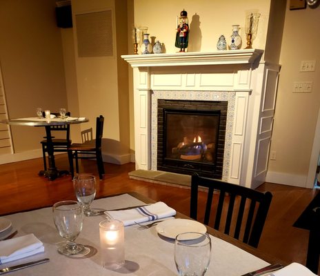 The Upper Dining Room fireplace is the centerpiece of the inn's restaurant.