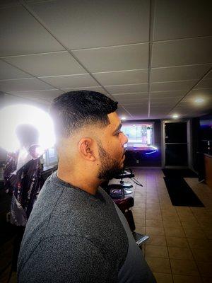 Mid fade, beard trim