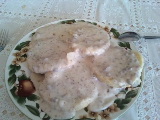 A plate of homemade creamy goodness topping two light biscuits.  All Seasons Cafe, Aberdeen, Idaho