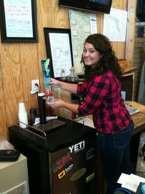 Sweet Kayla pouring a little Trout Slayer wheat ale, it's out of Missoula Montana, it's in house right now!