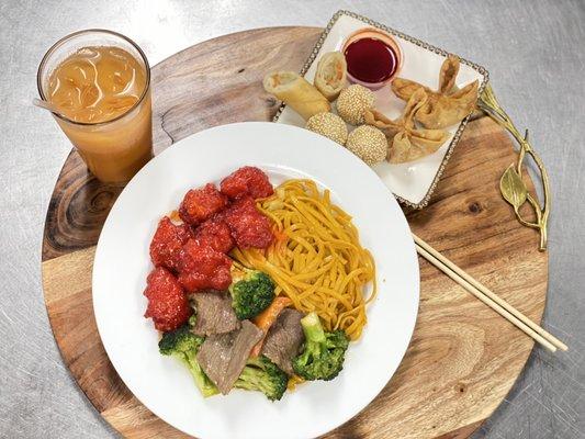 General Tao Chicken and Broccoli Beef served with lo mein.