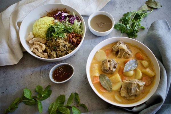 Left: Clam Rice Salad. Right: Oxtail Cà Ri (curry).