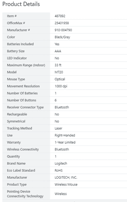 Logitech M720 mouse product details.