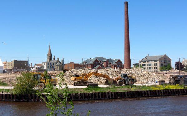 Back of city hall (during smokestack demolition)