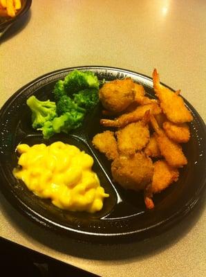 12 piece shrimp with mac & cheese & steamed broccoli.