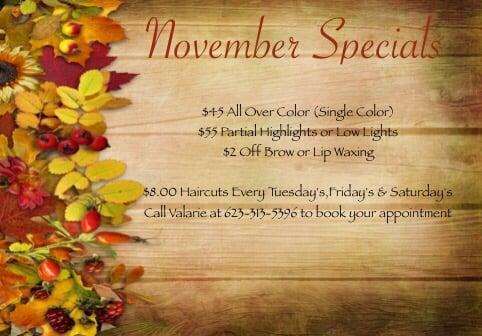 Specials for the month of November.. Shabby Shears Salon is a brand new salon in the middle of Youngtown, Arizona.