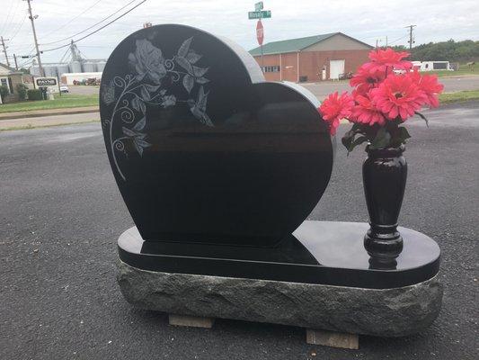 Black Granite Heart Monument with Laser Etched Rose Design.