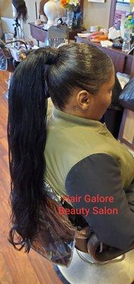 Sleek ponytail with a side part swoop to the side and 26" long 
 Good for work play or slay.
 Hair Galore Beauty @hairgaloreweaves