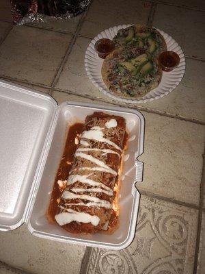 wet burrito and ceviche tostadas.