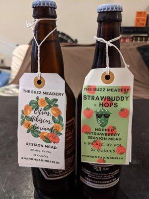 Strawbuddy + Hops mead. And Citrus/Hibiscus/Coriander.