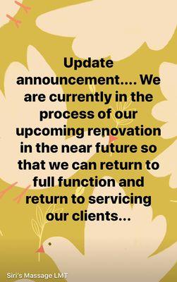 We are sorry for any inconvenience this may render. We will be relocating and look forward to serving you in the new year