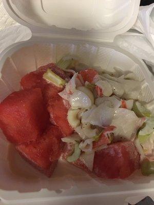 Lol little weird combo but good , the imitation crab and Mac salad and watermelon which was very ripe and good