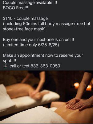 Couple massage Available by appointment.