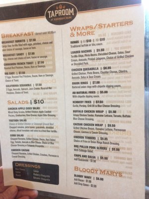 Taproom's Menu of breakfast, salads, etc.