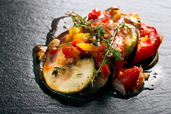 Eggplant Ratatouille with a Herbed Roasted Pepper Sauce