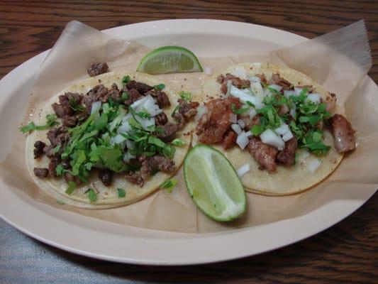 My order of L: Carne Asada (Steak) Taco and R: Tripa Taco from Panaderia Mexican Food Taqueria Chapala March 30th 2013.