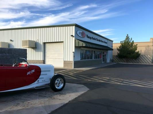 The classic SO-CAL Speed Shop 32 Roadster and the front of the Shop