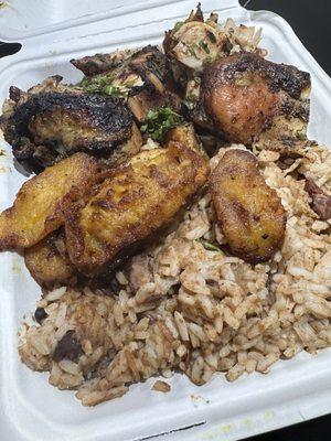 Jerk chicken, plantains, rice and beans