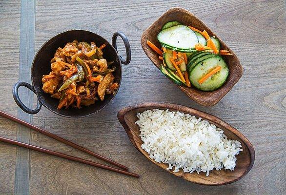 Sweet and Tangy Pork, White Rice, Cucumber Salad