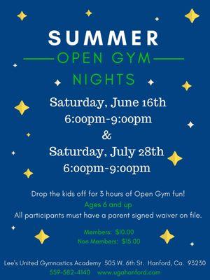 Summer Open Gym Nights at Lee's United Gymnastics Academy