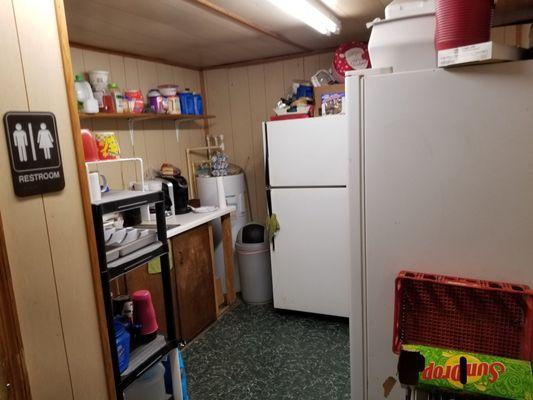 Break room has a bathroom and a fridge with complimentary water, coffee and Sun Drop.