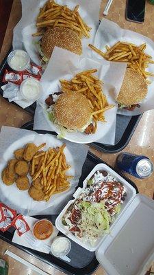 Zinger burger, masala fries, lamb w/rice, nuggets