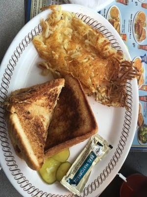 Grilled cheese w bacon and egg whites plus hash browns .... where's the HOTSAUCE??!!!! Lol !!!