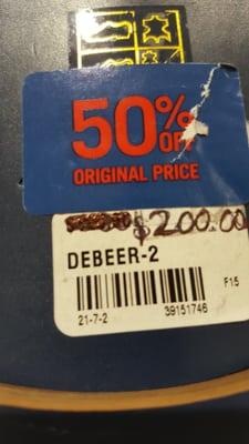 50% off original price, but store scratched out the original $120 and wrote a price of $200.