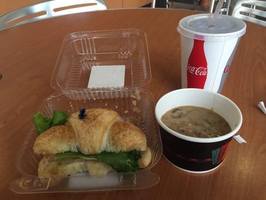 Lunch special: 6-oz soup and any croissant sandwich for $5.99. With a drink its $7.75 total.   Wild mushroom soup and ham havarti croissant