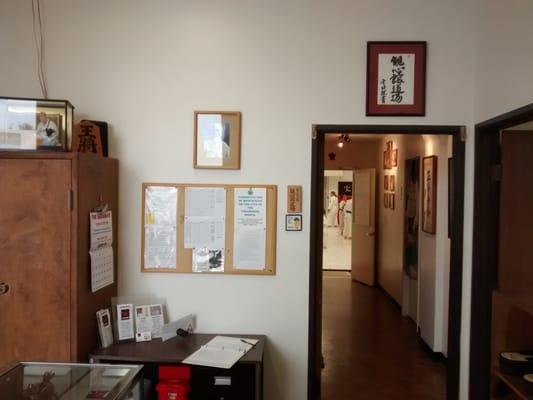 From lobby, looking in to Dojo.  Sensei's office on right, men's locker room just beyond on right.  Viewing lobby thru door on left.