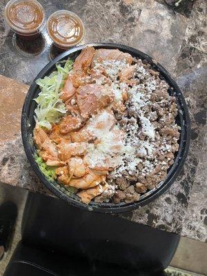 My shredded chicken and steak healthy bowl