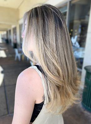 Balayage hair service at TRUE AVEDA Salon by Stylist Manny. CALL 702-364-8783 for appointment.