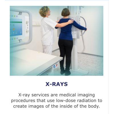 X-RAYS

X-ray services are medical imaging procedures that use low-dose radiation to create images of the inside of the body.