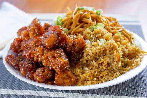 Combination A: Fried Rice, Chow Mein and Orange Chicken